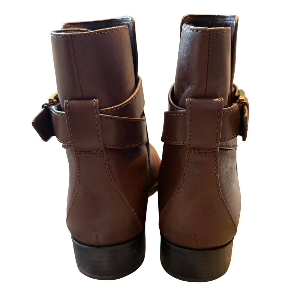 Tory Burch Brooke Brown Calf Leather Ankle Bootie Gold Logo Womens 7 - Picture 3 of 14